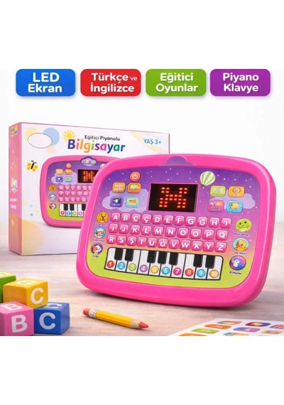 Eğitici Piyanolu Sesli Işıklı Led Ekranlı İngilizce Türkçe 26 Kelime Çocuk Bilgisayarı Pembe