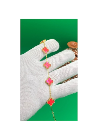 Gold Renk Yonca Desenli Çelik 316l Bileklik Koyu Pembe