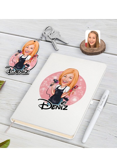 Kişiye Özel Kadın Kuaför Karikatürlü Beyaz Defter Kalem Ve Anahta N11.15364