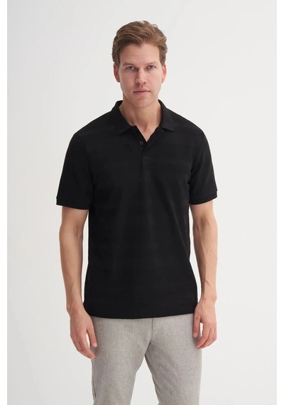Cazador Polo Yaka Regular Fit Örme Çizgi Dokulu Tişört Siyah