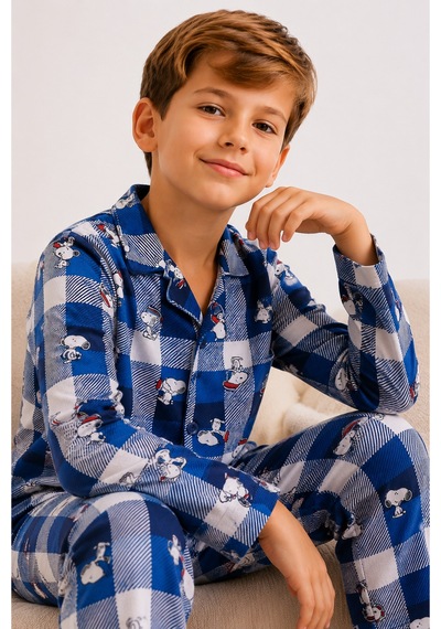 Free Beka Erkek Çocuk Önden Düğmeli Kareli Ve Karakter Desenli Uzun Kollu Pijama Takımı Lacivert