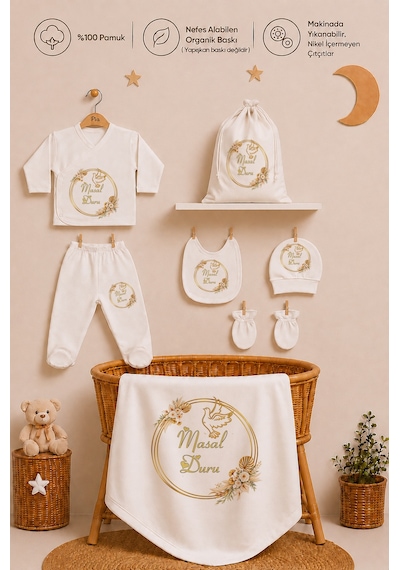 Pia Baby Kız Bebek Hastane Çıkışı Hediye Seti 8 Parça Zıbın Set %100 Pamuk Battaniye Yastık Ve Kese 1081zybk0x Krem