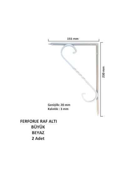 Ferforje Raf Altı, Büyük, Beyaz, Vidalar Dahil, 2 Adet Beyaz