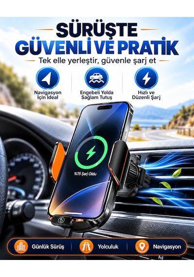 C13 Kablosuz Şarjlı Araç Telefon Tutucu Otomatik Açılıp Kapanan Kollu 360 Dönebilen Şeffaf Tasarım Metal Gövdeli Araç İçi Telefon Tutacağı