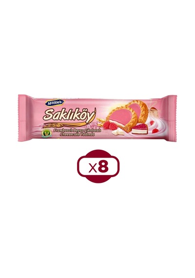 Ülker Saklıköy Frambuazlı Beyaz Çikolatalı Bisküvi 100 Gr X 8 Adet