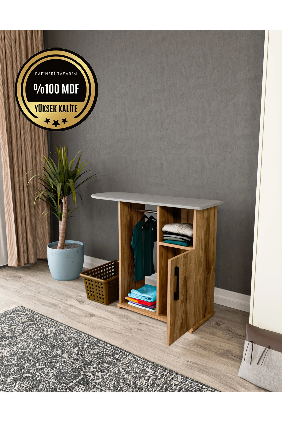 Event Ütü Masası Dolaplı Askılı Mdf Kahverengi Ütü Masası Dolaplı Ütü Standı Ceviz