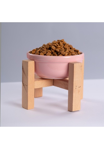 Pembe Ahşap Standlı Seramik Mama/ Su Kabı Kedi Köpek Mama Su Kabı