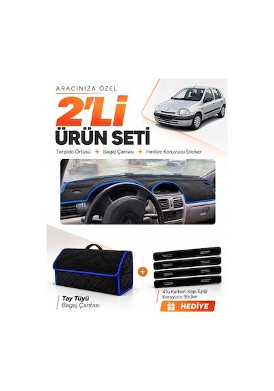 Renault Clio 2 Ekranlı 1998-2001 Uyumlu Torpido Örtüsü + Tay Tüyü Bagaj Çantası Seti - Siyah Mavi