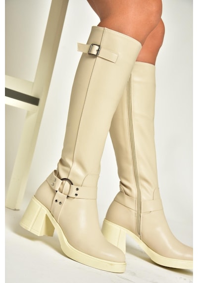 Fox Shoes T282832009 Bej Kalın Topuklu Kadın Çizme Bej
