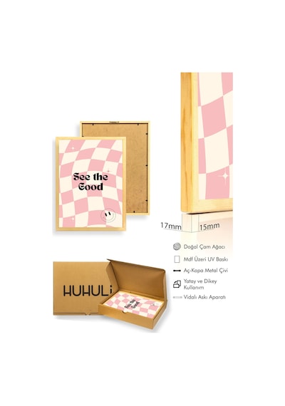 Doğal Ahşap Çerçeveli Retro Tipografi Tablo - Pozitif Mesajlı Pembe Kareli Huhu2063