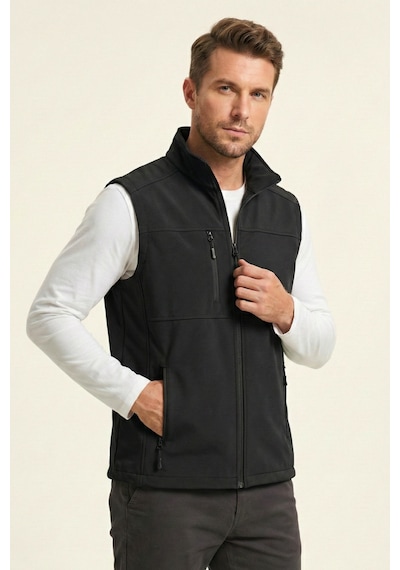 Genius Store Erkek Yelek Softshell Su Geçirmez Tam Fermuarlı Cepli Normal Kalıp Spor Yelek Siyah