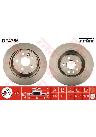 TRW DF4766 Fren Diski Arka Focus II 09-15 2.5 Rs 2.5 St S-Max 06- Mondeo IV 07- Kuga 08- Galaxy III 06- / Range Rover Evoque 11- Düz 302Mm