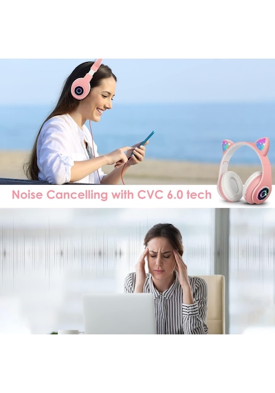Çocuk Kulaklık, Kız Çocukları Bluetooth Kulak Üstü Sevimli Kedi Kulaklı Çocuk Kulaklığı Led Işıklı, Katlanabilir Kablosuz Çocuk Kulaklık Erkek Yetişkinler İçin Okul/tablet/pc/telefon
