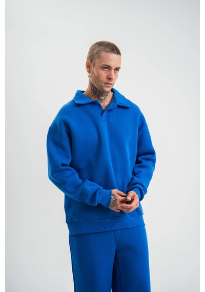 Erkek Patlı Yaka Üç İplik Pamuklu Sweatshirt Double Oversize Rahat Kalıp Günlük Kullanım - Mavi Mavi