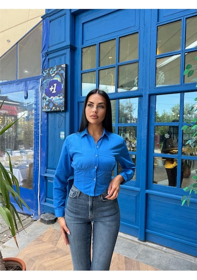 WeShaya Saks %100 Polyester Parçalı Desenli Gömlek Saks