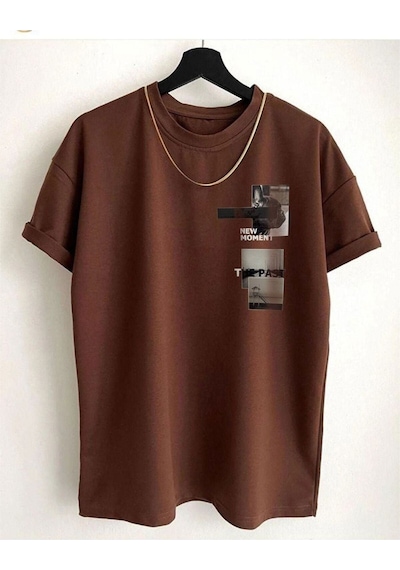 Startmore New Moment T-shirt - Turuncu Baskılı Oversize Bisiklet Yaka Garalio Kahve