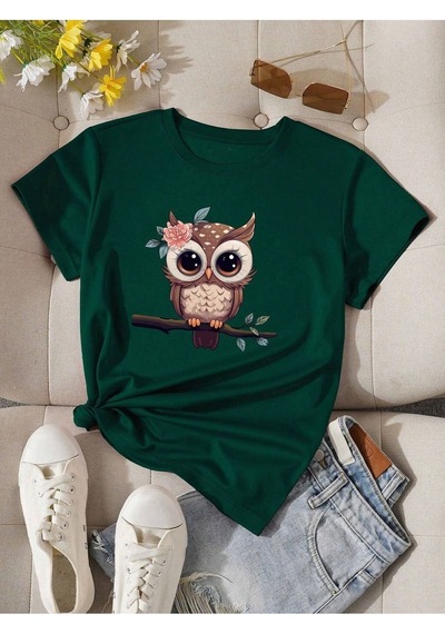 Flood Of Style Kadın Nefti Yeşili Baykuş Baskılı Oversize Yeşil
