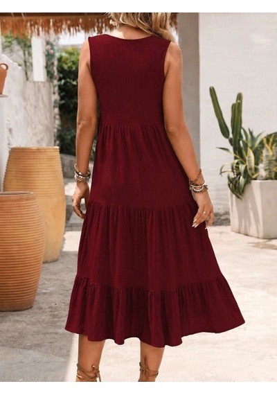Defymoda Kadın Askılı V Yakalı Önden Düğmeli Midi Bürümcük Elbise Bordo