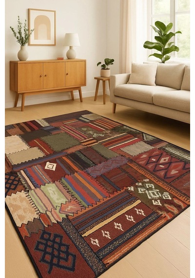 Patcwork Desen Renkli Modern Halı Dekoratif Kilim Bordo
