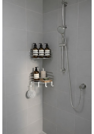 Sas Haus   Tek Katlı Köşe Duş Rafı Kancalı Banyo Şampuanlık & Organizer 2 Adet Krom Tk-01 Siyah