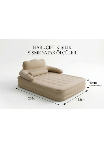 Çift Kişilik Otomatik Şişme Yatak Çıkarılabilir Başlıklı Kamp Ve Misafir Yatağı 203x152x40cm Bej