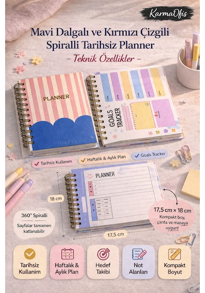 Mavi Dalgalı Kırmızı Çizgili Spiralli Tarihsiz Planner Haftalık&aylık Planlayıcı 17,5 X 18 Cm Diğer