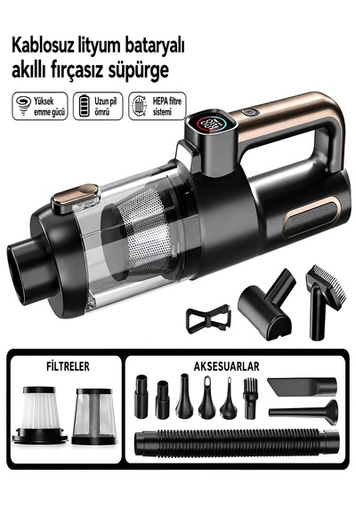 20000pa Şarjlı Araç İçi Süpürge 6000mah 120w Led Fenerli Kablosuz El Süpürgesi Dikey Vacuum Siyah