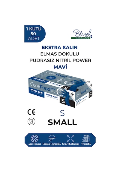 Nitril Mavi Power Pudrasız Muayene Eldiveni S- 1 Paket 50 Li