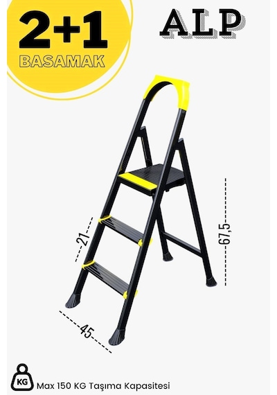 Karen Alp  Siyah 2+1 Metal Basamaklı Katlanabilir Merdiven