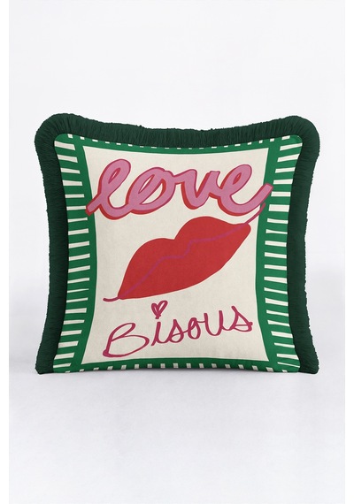Love Dudak Motifli Saçaklı Yastık Kılıfı - Romantik Pop Art Krem Yeşil Gri Püsküllü Kırlent Kılıfı Beyaz