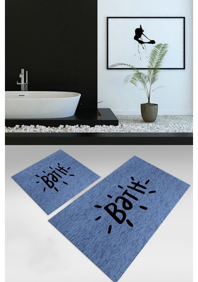 Buççin Online Mağaza Dijital Baskılı Kaymaz Yıkanabilir Bath İkili Banyo Takımı Klozet Takımı Polyester Mavi Çok Renkli