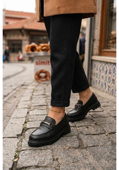 Fort Ventes 35838 Siyah Cilt Toka Detaylı Rahat Loafer Kadın Ayakkabı