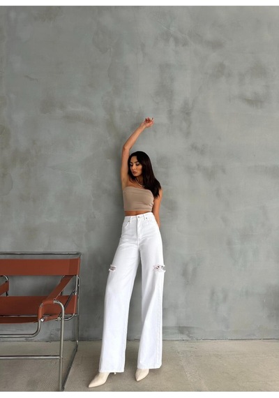 Zeo Basic Beyaz Baggy Pantolon Denim Kumaş Yanlardan Lazerli Beyaz