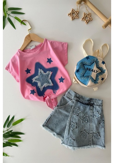 Miniğimin Cicileri Yıldız Desenli Çantalı Kız Çocuk Kot Şortetekli 3 Lü Takım - Pembe Pembe-79524 Miniğimin Cicileri Yıldız Desenli Çantalı Kız Çocuk Kot Şortetekli 3 Lü Takım - Pembe Pembe-79524