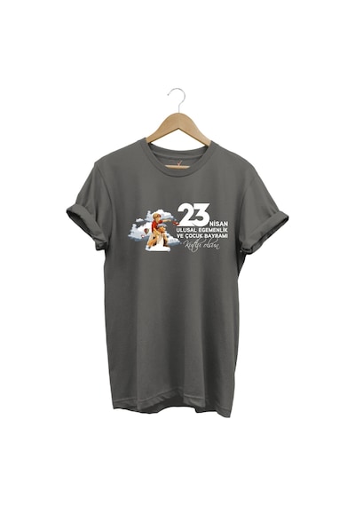 23 Nisan Çocuk Bayramı Mustafa Kemal Atatürk Baskılı %100 Pamuk Regular Fit Bisiklet Yaka T-shirt Gri