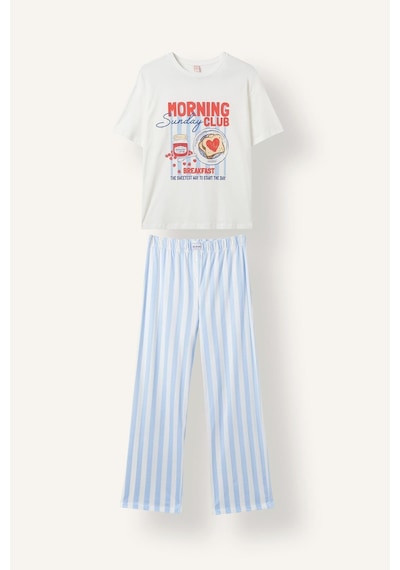 Defacto Regular Fit Kısa Kollu Baskılı Çizgili 2li Pijama Takımı I8337ax26aube250 Mavi-be250