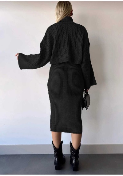 Flex Fashıon Boğazlı Saç Örgü Motifli Popüler Trend Crop Kazak Ve Triko Elbise Takım Siyah - 612102340 Siyah - 612102340 Siyah