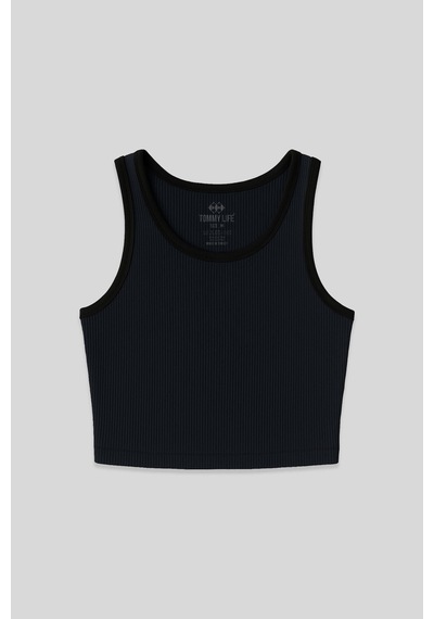 Tommy Life Lacivert Basic Sıfır Kol Dar Kalıp U Yaka Kadın Crop Top Atlet - 97160 Lacivert