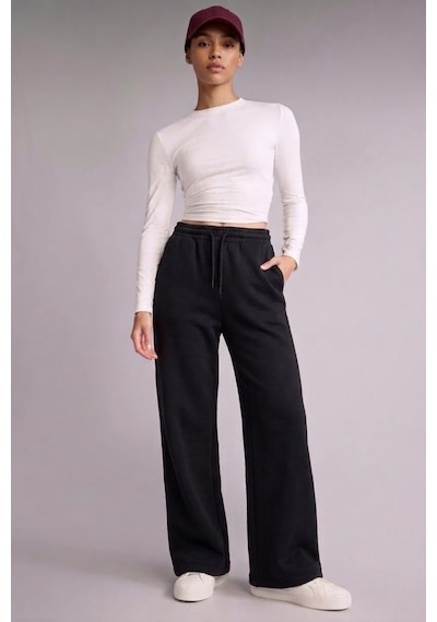Soft&Basic Kadın Beli Bağcıklı Düz Paça Cepli Rahat Jogger Flare Fit Eşofman Altı Siyah
