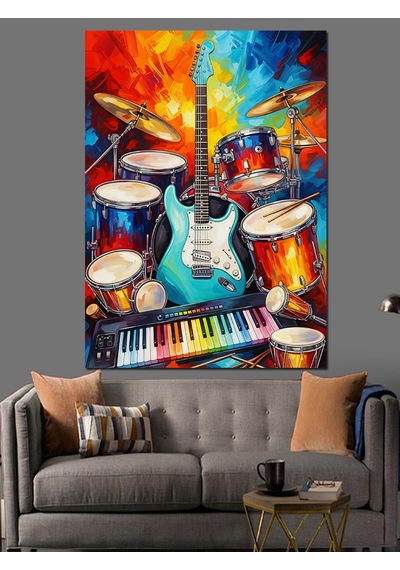 Ahşap Tablo Renkli Bateri Ve Gitar