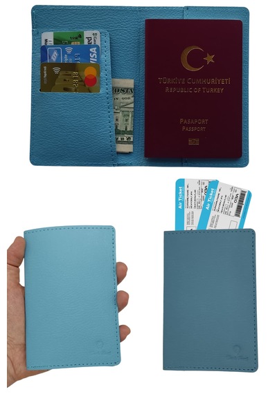 Deri Pasaportluk Kartlıklı Para Bölmeli Pasaport Kılıfı Turkuaz