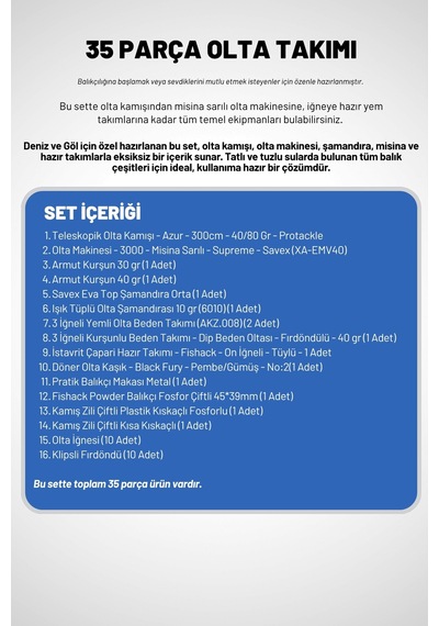 35 Parça Tam Takım Olta Seti - 300cm Kamış 30-60gr / 30'luk Makine Mavi