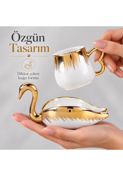 Valkyrie Kuğu Serisi 6 Kişilik 12 Parça Gold Kuğu Tasarımlı Türk Kahvesi Fincan Takımı Hediyelik Set Beyaz Altın