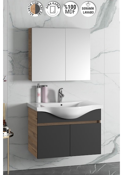 Yıldız 80 Cm Atlantik Çam-Antrasit Gri Mat Mdf Seramik Lavabolu A Antrasit - Atlantik Çam