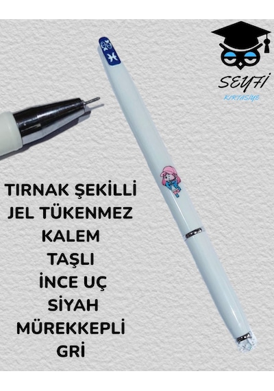 Tırnak Şekilli Jel Tükenmez Kalem Taşlı İnc Uç Siyah Mürekkepli Mor