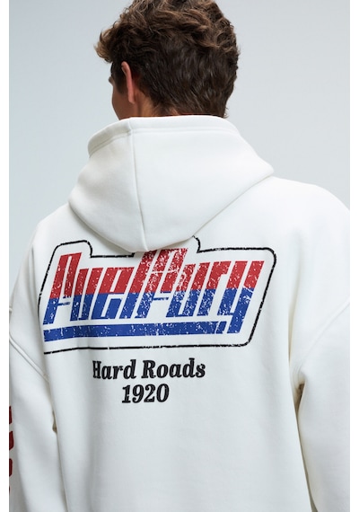 Grimelange ABISMO Erkek Kapüşonlu Kanguru Cepli Kolları ve Sırtı Baskılı Relaxed Fit Beyaz Sweatshirt