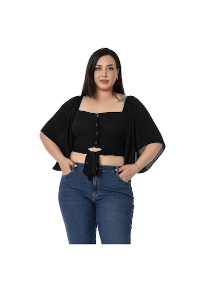 Disentis Büyük Beden Geniş Kollu Beli Lastik Ve Büzgülü Crop Siyah Bluz-siyah Siyah
