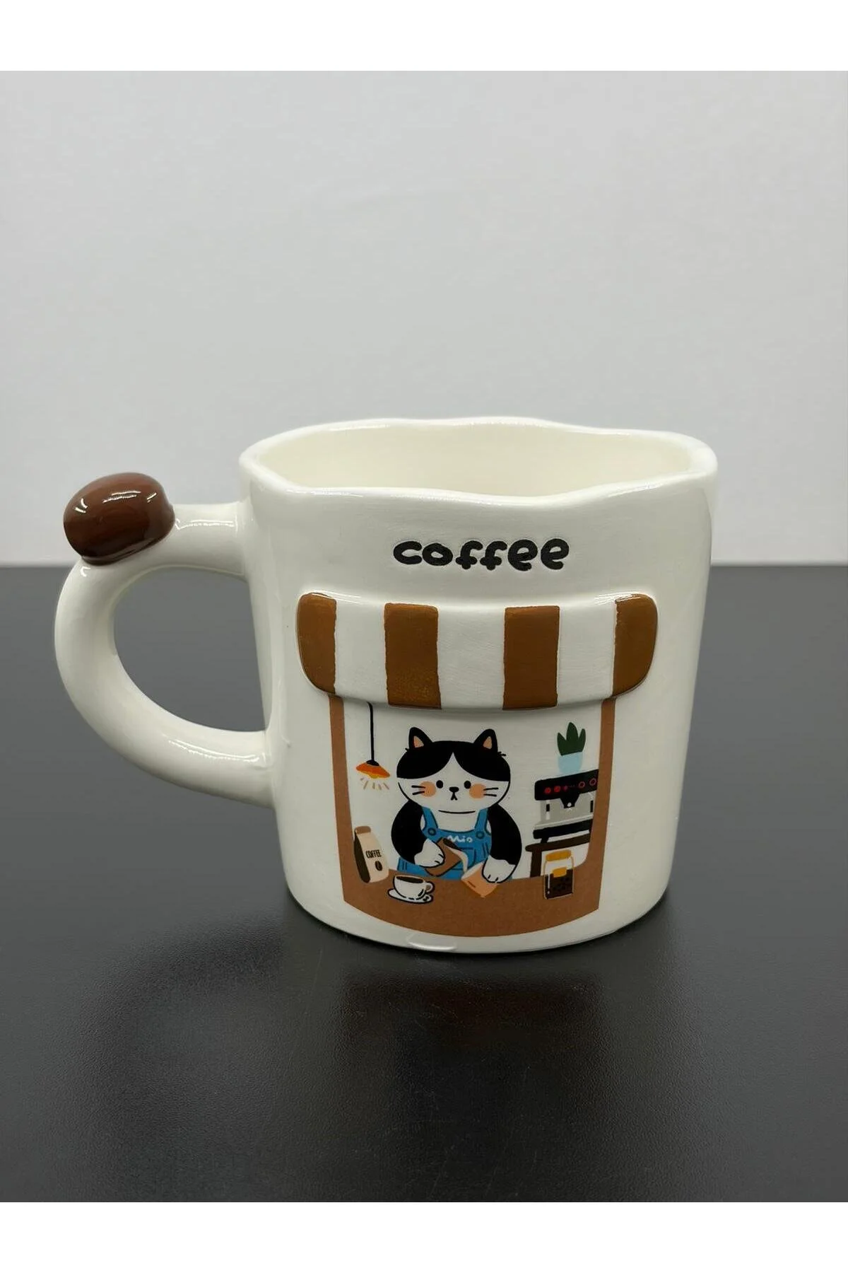 Acar Porselen Lüks Büyük Boy Coffee Dekor Kedili Bardak Kupa 400ml Beyaz
