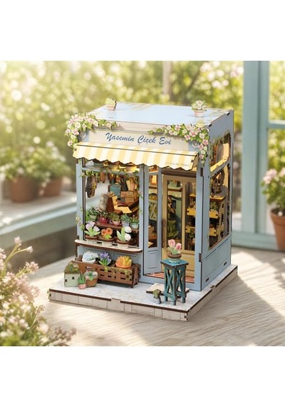 Yasemin Çiçek Evi Book Nook Dıy Kit Ahşap Minyatür Kitap Köşesi Dekoru, Led Işıklı Kendin Yap Hobi Seti
