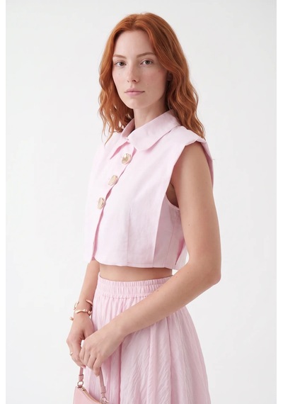 CEMO Gold Düğme Detaylı Vatkalı Crop Yelek Keten Pantolon Takım Pembe